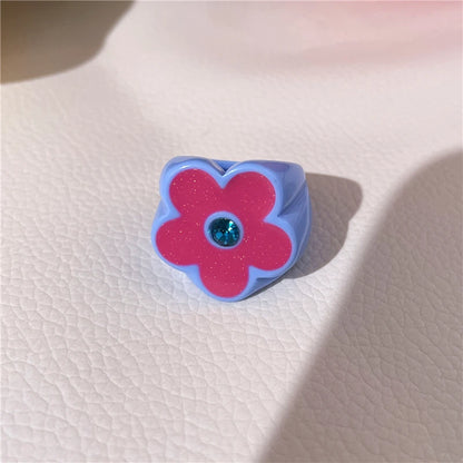 2022 New Sweet Multicolor Resin Oil Drip Ring for Women Geometric Oval Flowers Beads Rhinestones Ring Cute Jewelry HangZhi - 