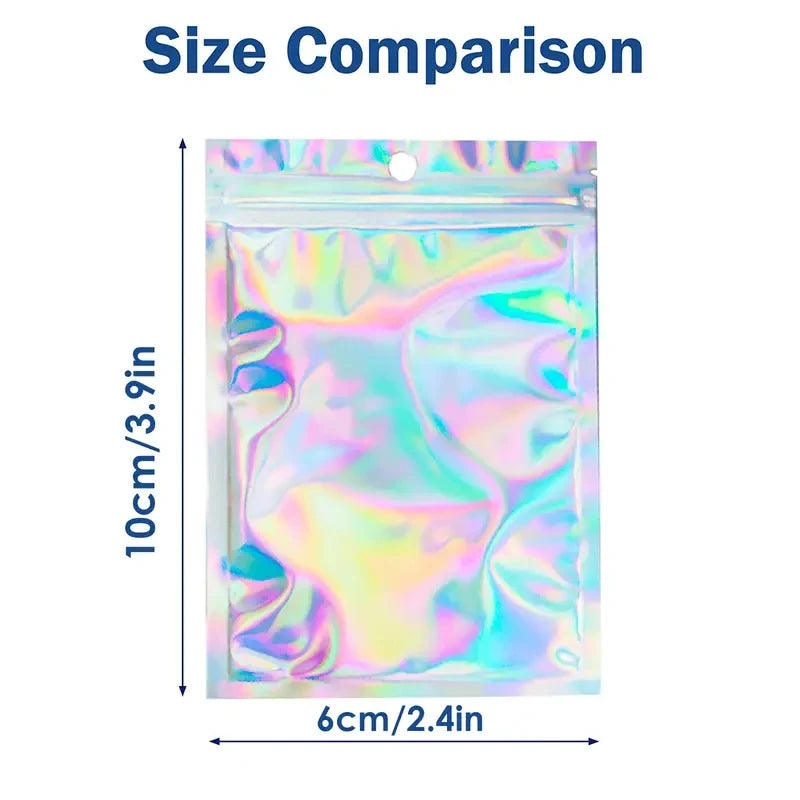 100pcs Holographic Resealable Mylar Bags Ziplock Candy Suger Tee Jewelry Beauty Storage Bag - 10x6cm