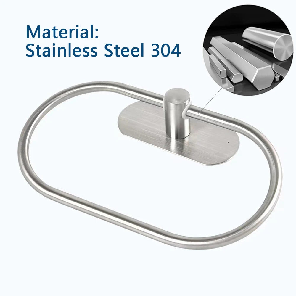 Stainless Steel Towel Holder Self-adhesive Bathroom Towels Rack Black Washhand Hanger Ring Rail Bar Kitchen Storage Accessori