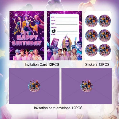 12PCS Cute Cartoon Birthday Party Invitation Cards Single & Double Sided Theme Kids Fans Event Party Favors