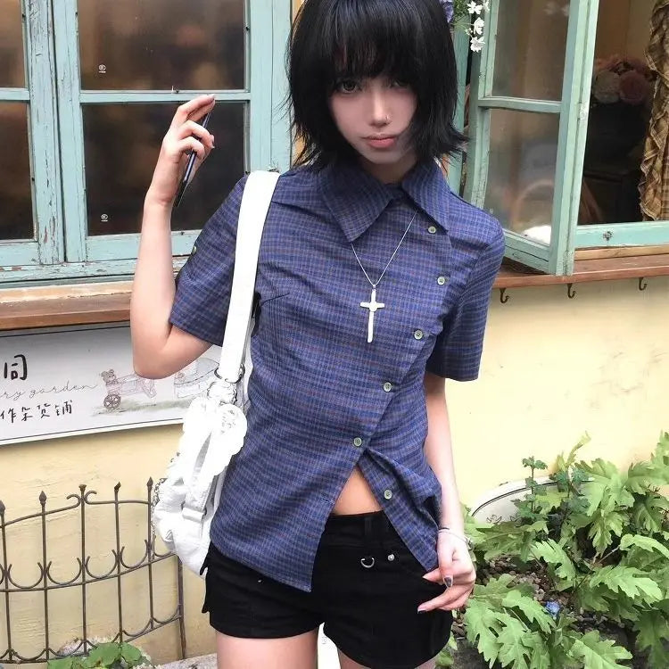Genayooa Vintage Plaid Casual Shirt Women Short Sleeve Y2k Tops Japanese 2000s Summer Shirt Irregular American Retro 90s Tshi