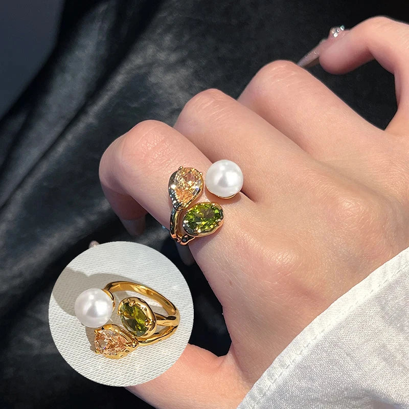 European and American Retro Metal Geometric Rhinestone Contrasting Open Rings For Women‘s Trendy Jewelry Finger Accessorioes 
