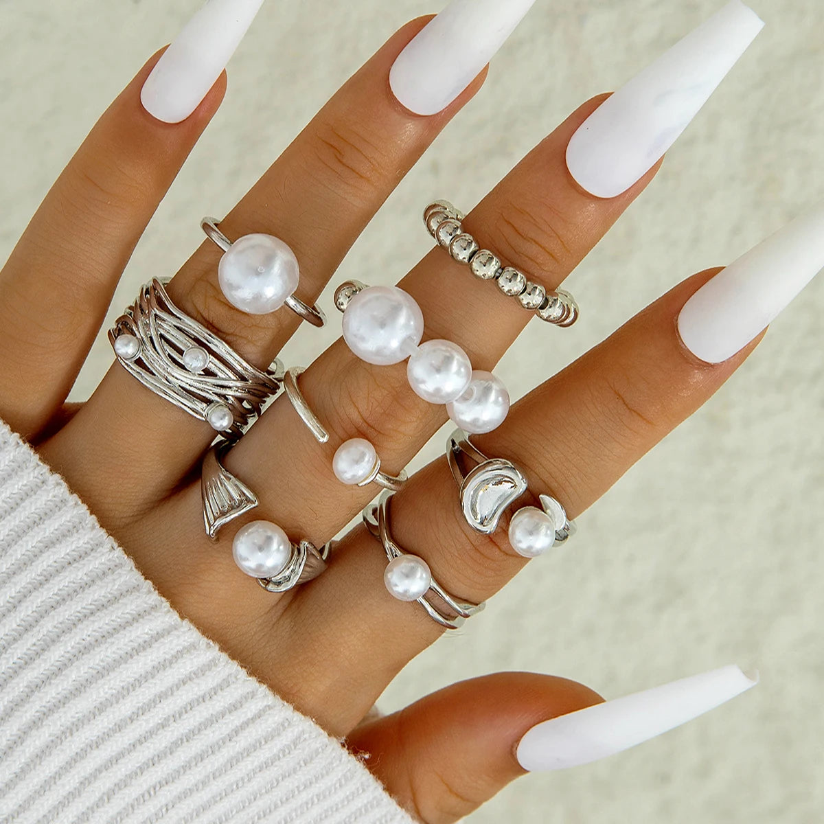 Tocona 2024 New Fashion Luxury Imitation Pearl Open Ring Sets for Women Elegant Gold Color Ring Party Jewelry Accessories - d