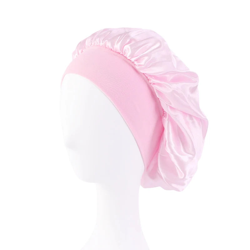 Women's Satin Solid Bonnets Wide-brimmed Night Sleeping Bathing Hat Unisex Head Wrap Elastic Band Cap Hair Care Bonnet - pink