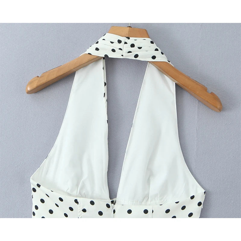 YENKYE French Style Retro Polka Dot Deep V Halter Dress Women Sexy Backless A-line Slim Sweet Elegant Mini Dresses Summer Rob