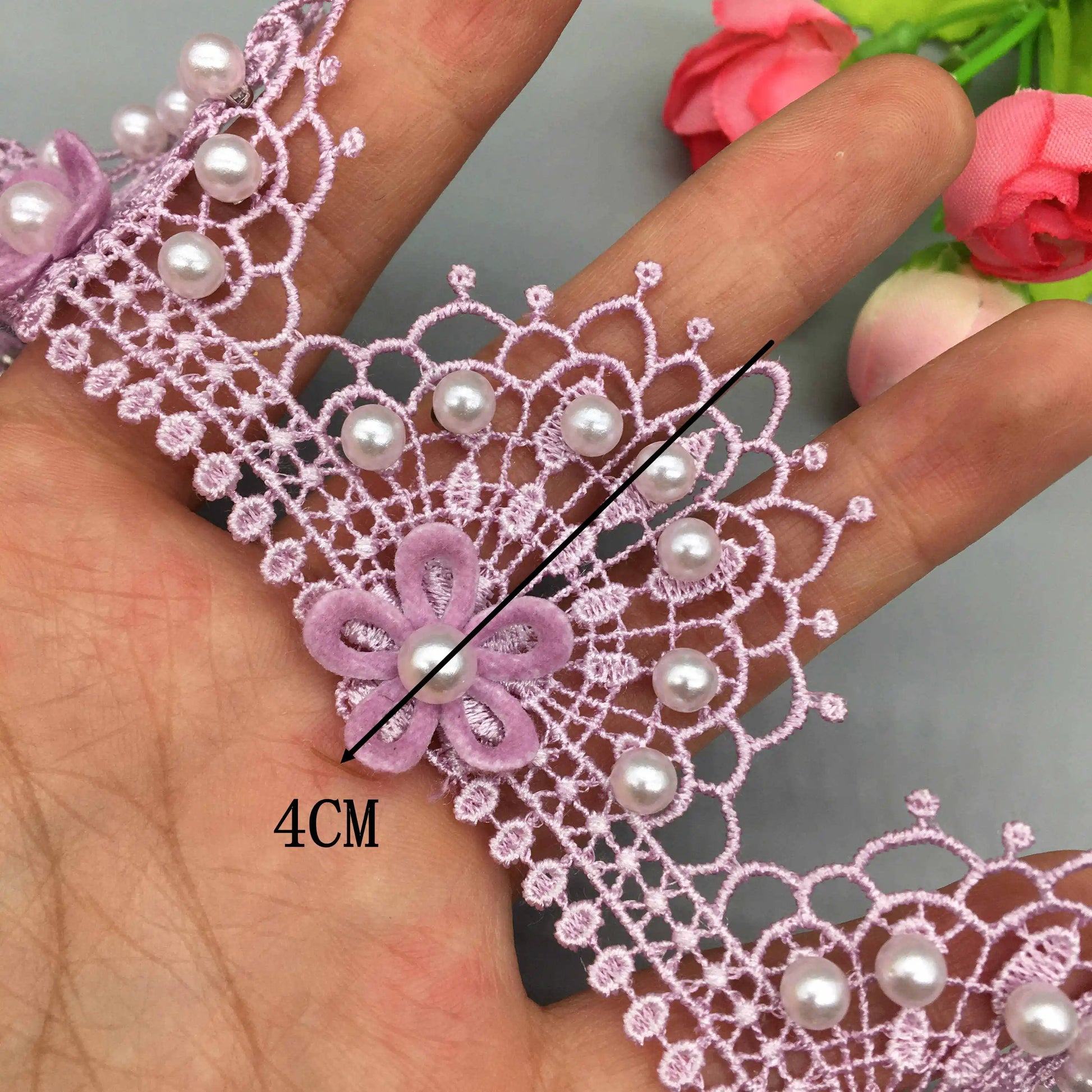 1 yard 4cm Purple Peacock Pearl Beaded Flower Embroidered Lace Trim Ribbon Applique DIY Wedding Dress Sewing Craft Decoration