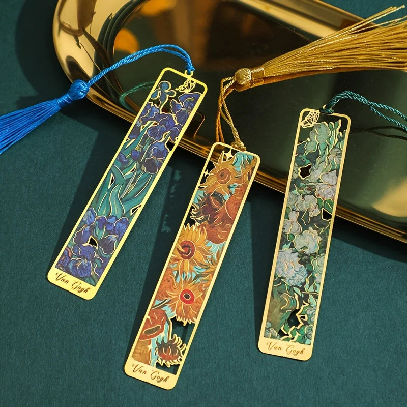 Vintage Oil Painting Metal Bookmarks - Hollow Hot Stamping Long Tassel Elegant Bookmarks - Stationery Gifts for Book Clubs, B
