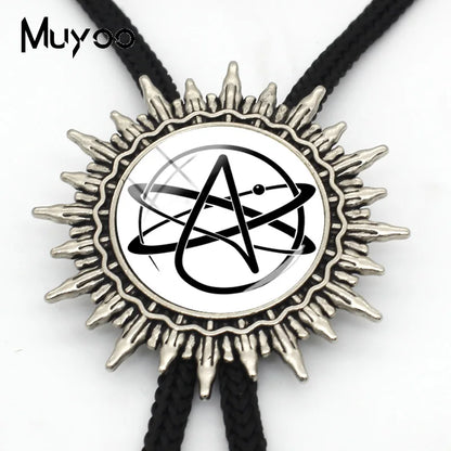BOLO-0087 Fashion Hot Atheist Atheism Symbol Bolo Ties For Men Handmade Atheist Logo Round Glass Dome Slide Fashion Neck Tie 