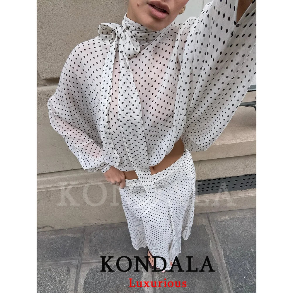 KONDALA Vintage Polka Dot Women Sets Chiffon Bow Tie Loose Blouses Loose Long Skirts Fashion 2026 Spring Summer Holiday Suits