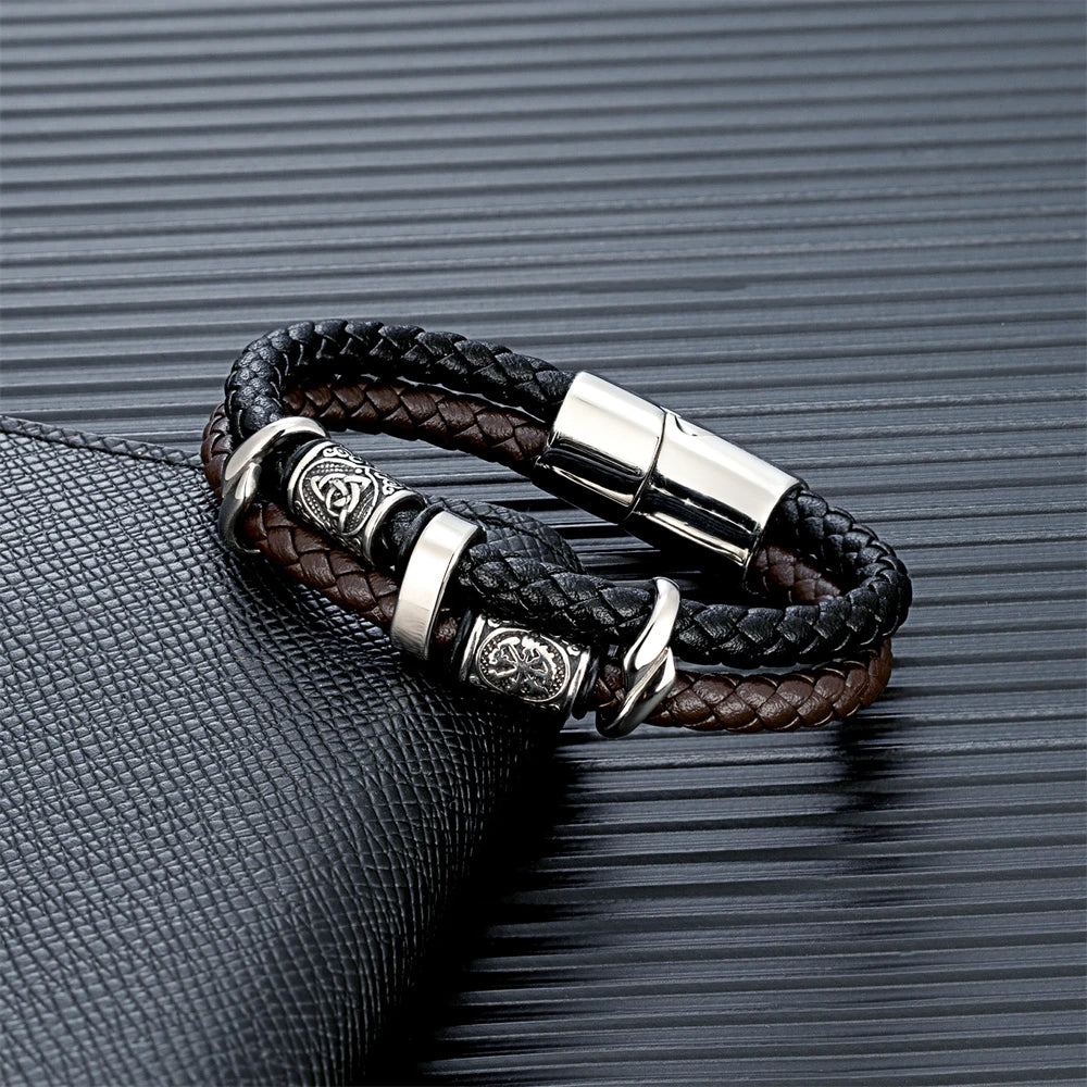 Vintage Vikings Compass Multilayer Genuine Leather Bracelet Men Stainless Steel Norse Runes Valknut Bangle Scandinavian Jewel