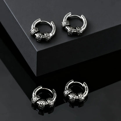 Vintage Totem Vine Pattern Hoop Earrings for Men, Hypoallergenic Metal Huggies Earrings, Rock Punk Piercing Jewelry Gift