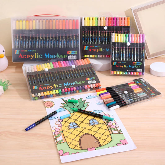 Professional Art Use 24/48-Color Acrylic Paint Markers, Dual-Tip Fine and Brush Tip Pens, Suitable for Stone, Wood, Calligrap