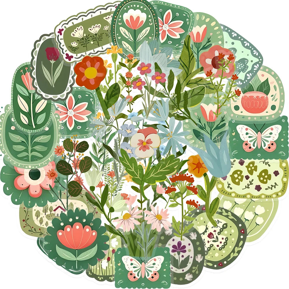 10/30/50pcs Vintage Floral Plant Cartoon Stickers Aesthetic Waterproof Graffiti Stationery Diary Planner Retro Decoration Dec