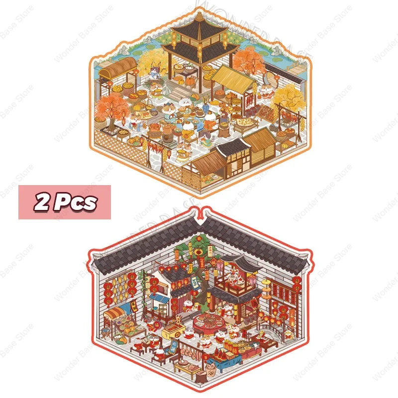 DIY Cartoon Cat Leisure Life in 4 Seasons Landscape Sticker 3D Pocket Cabin Scene Stacking Pasting Stickers Gift for Kid Chil