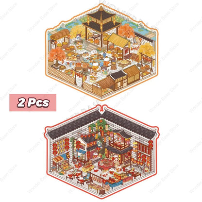 DIY Cartoon Cat Leisure Life in 4 Seasons Landscape Sticker 3D Pocket Cabin Scene Stacking Pasting Stickers Gift for Kid Chil