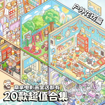 Mr Paper 45Pcs Scenes Cartoon Landscape Sticker Book Forest Village DIY 3D Sticker Cabin Scene Pocket Birthday Gift For Plann