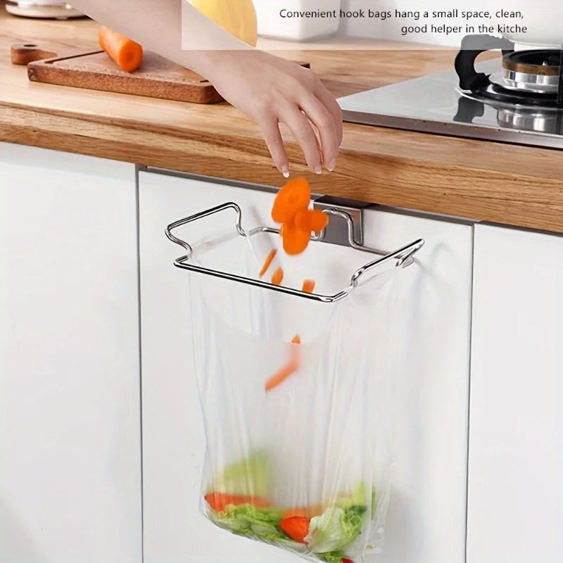 Kitchen Non Perforated Stainless Steel Garbage Rack With Hanging Bracket, Cabinet Door With Cloth And Garbage Bag Storage Rac
