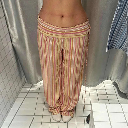 Striped Women's Trousers Low Waist Tie Casual Pants Vertical Stripe Floor Length Pants Daily Fashion Wear 2026 Collection