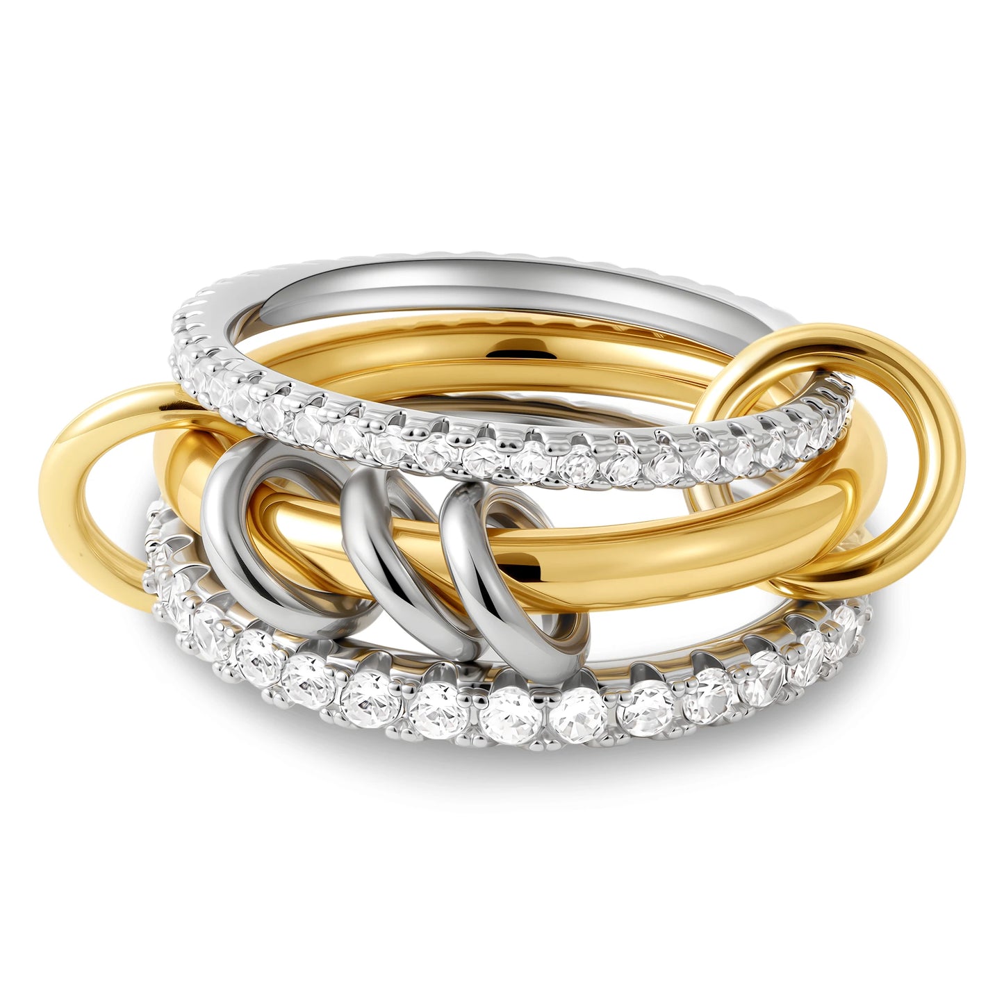 Luxury Cubic Zirconia Gold Plating Multilayer Connecting Rings for Women Fashion Mixed Color Stackable Finger Ring Party Jewe