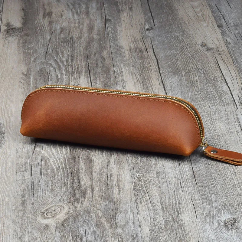 Vintage Leather Pencil Bag Simple Stationery Hoder Pen Case Storage Bag Zipper Pencil Pouch Glasses Box School Supplies - Dar