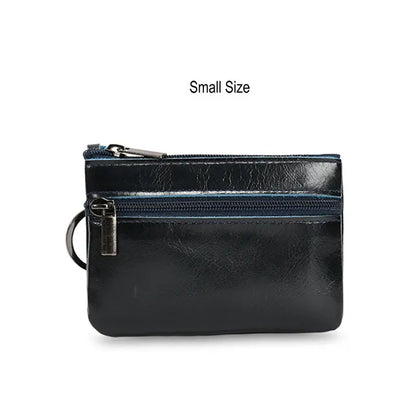 Retro Genuine Leather Coin Purse with Keychain for Men & Women Cowhide Zipper Coin Wallet Vintage Key Holder - small naveyblu