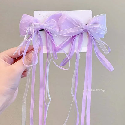 1 Pair Fashion Fairy Ribbon Bow Hairpins For Kids Long Ribbon Hair Clip Barrettes Headband Headdress Girls Hair Accessories -