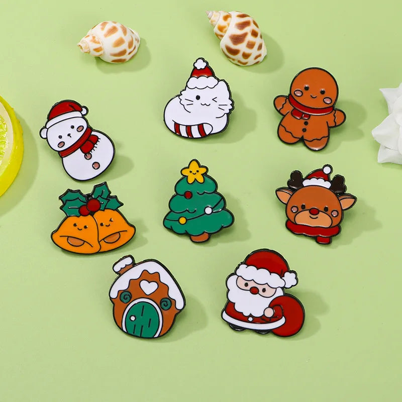 8pcs Cute Cartoon Christmas Day Enamel Brooch Creative Santa Claus Snowman Tree Lapel Pin Badge Backpack Clothing Accessories
