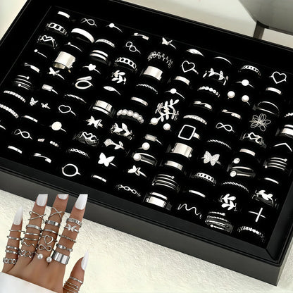 10/20/30/50/100Pieces Fashion Hollow-Out Rings Set For Women Mix Style Trendy Flowers Heart Butterfly Daily Jewelry Party Gif