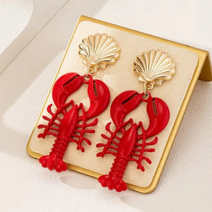Boho Handmade Lobster Earrings Stone Beaded Enamel Necklace Lobster Metal Shells Earring for Women Summer Beach Popular Jewel