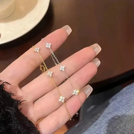 Crystal Four Leaf Flower Bracelet for Women Clasic Trendy Gold Color Stainless Steel Zircon Bangle Jewelry Gift