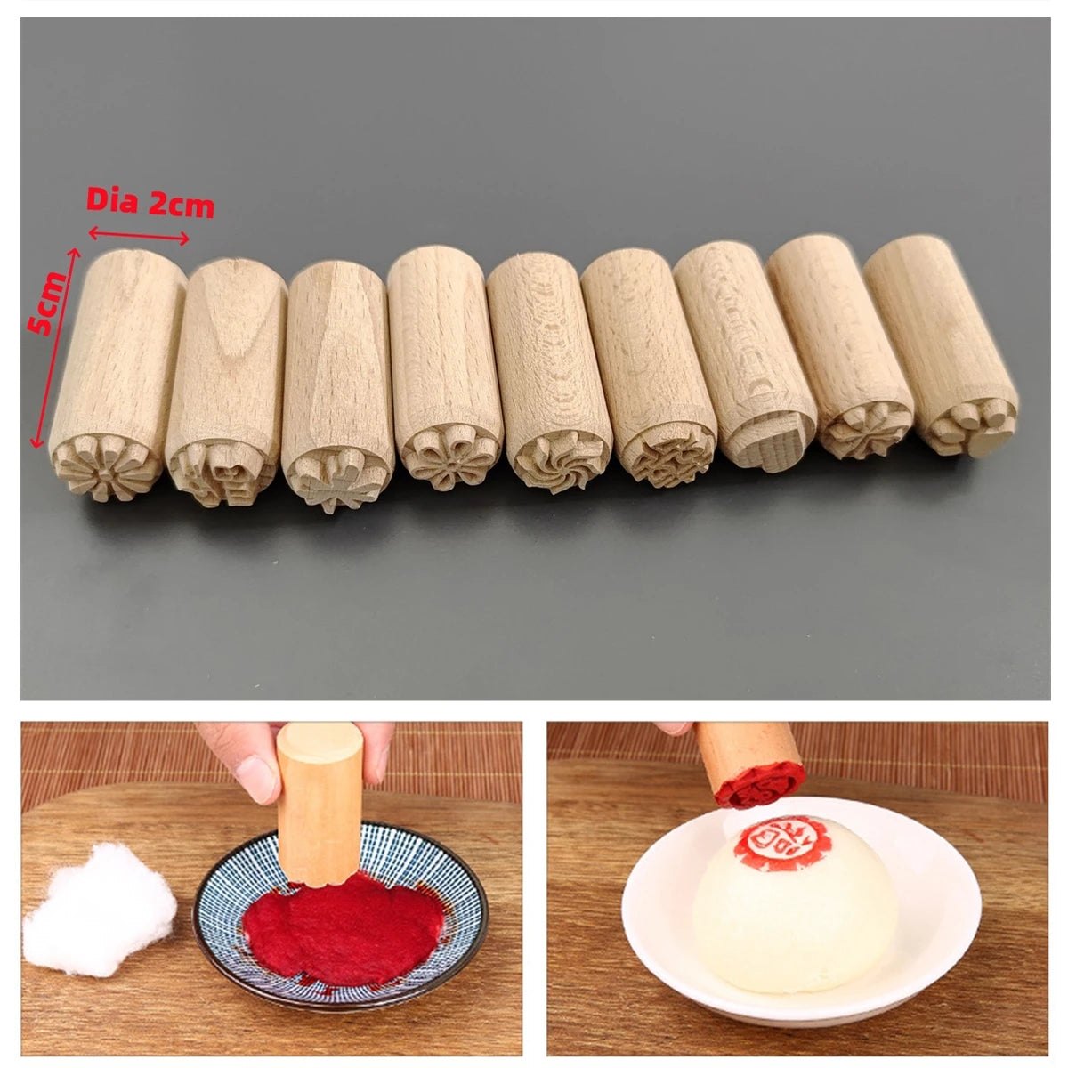 9 Patterns Wood Stamps DIY Wooden Clay Seal Set Round Pottery Tool Moon Cake Mantou Pasta Kitchen Food Seal Homemaking Tool 1