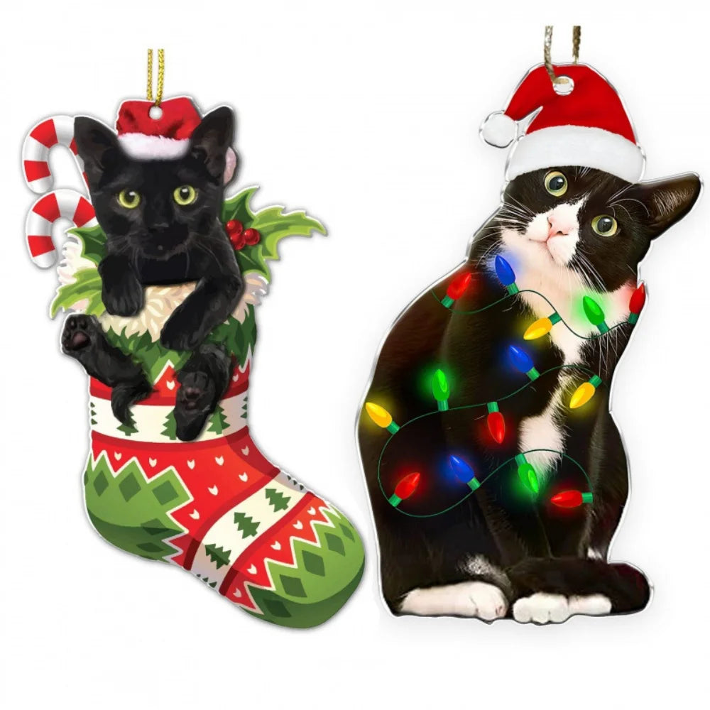 Charming Black Cat Christmas Ornament 2d Acrylic Hanging Decor For Tree Car Mirror Keychain Kid Xmas Gift Holiday Party Suppl