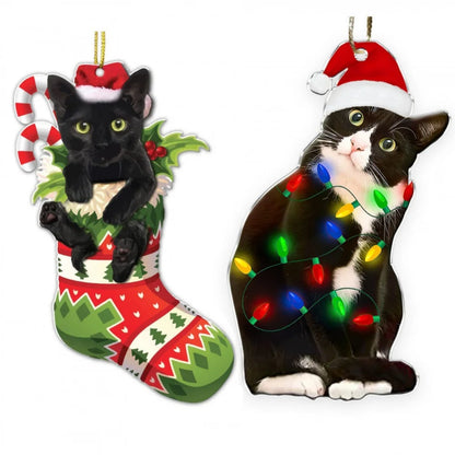 Charming Black Cat Christmas Ornament 2d Acrylic Hanging Decor For Tree Car Mirror Keychain Kid Xmas Gift Holiday Party Suppl