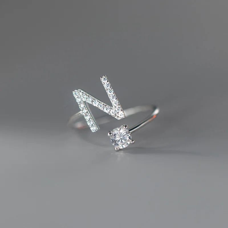 Zircon Initial A-Z Letter Ring For Women Metal Adjustable Opening Ring Name Alphabet Female Wedding Gift Anillos Mujer - N