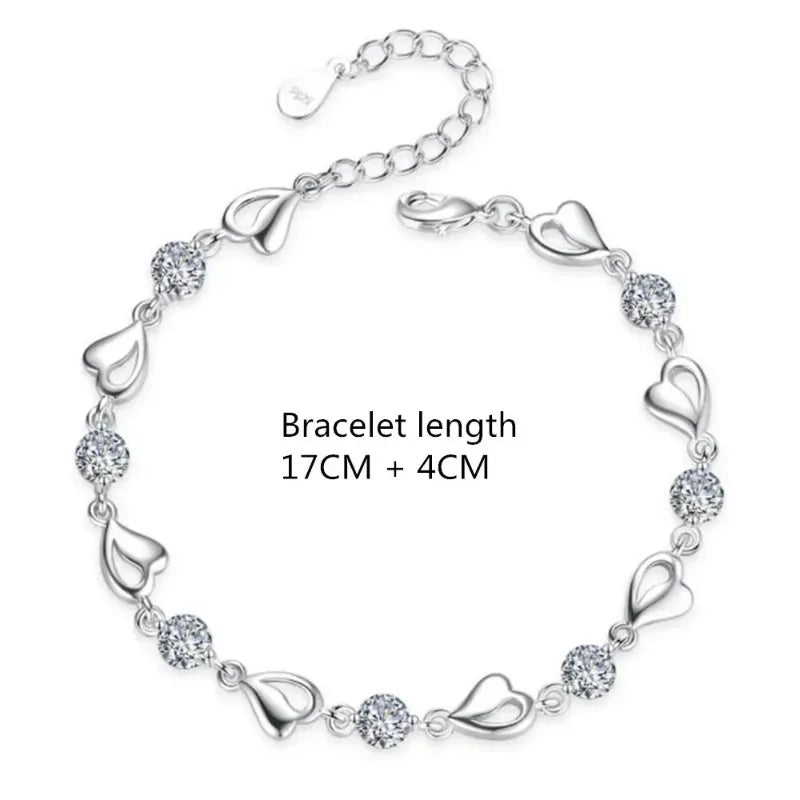 925 Sterling Silver Heart Shaped Necklace Bracelet Set for Women Vintage Korean Blue Crystal Bracelets Jewelry Set Party Jewe