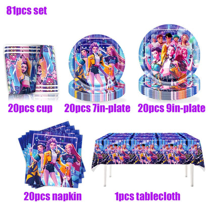 K Pop Birthday Party Decoration Tableware Set - Napkin Tablecloth Banner Paper Plates Slap Bracelets Stamps Baby Shower Suppl
