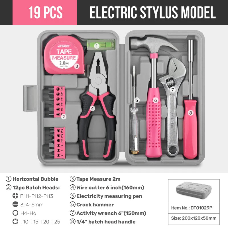 Hi-Spec 18/19/20PCs Pink DIY Tool Kit with Electric Pen & CR-V Steel - Home Maintenance Hand Tools Set for Women & Car Care -