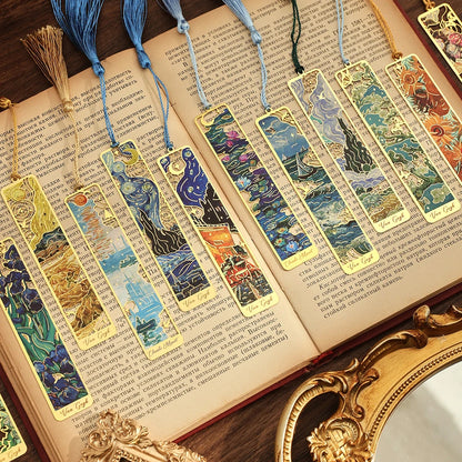 12 pcs Vintage Painting Metal Bookmark Hollow Long Tassel Bookmark Students Reading Tool For Book Lovers Friends Office Schoo
