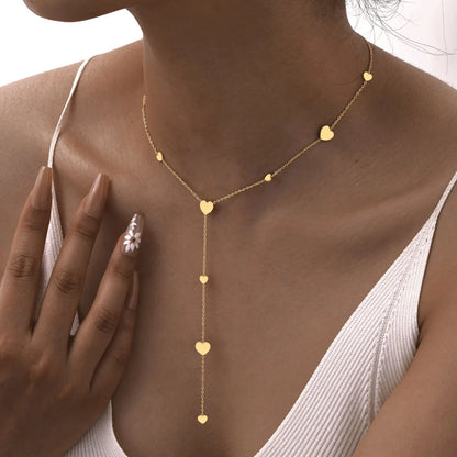 Heart Drop Lariat Chain Necklace For Women, Y Shape Long Chain Stainlss Steel 18K Gold Color Layered Jewelry
