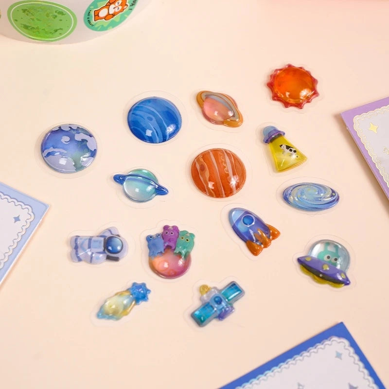 3 pcs/6 pcs Random 3D Creative Space Food Cartoon Round Relief Stickers Scrapbooking Diy Journal Cute Stationery Sticker