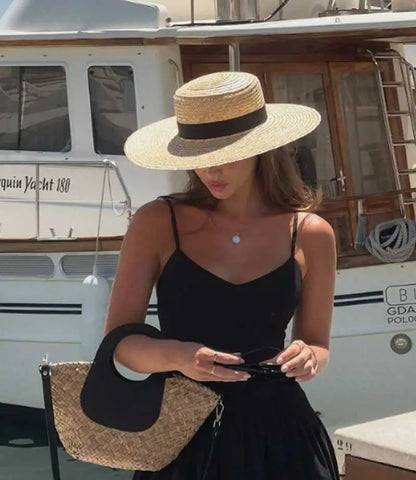 Boater Straw Hat wide brim French elegant square ribbon women's sun hat holiday straw hat 모자 햇빛 가리개