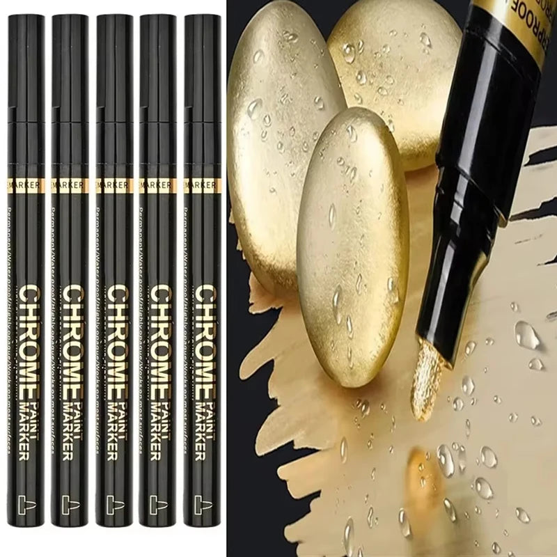 5/1pcs Chrome Pen Marker Mirror Waterproof Paint Repair For Rock Ceramic Glass Metallic Gold/Silver 2mm Nib - 5pcs Gold