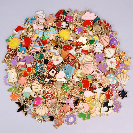 30/60/100pcs Random Mix Enamel/Drip Oil Charms For Jewelry Making Bulk Trinkets Charm Flower Heart Animal Bag Charm DIY Penda