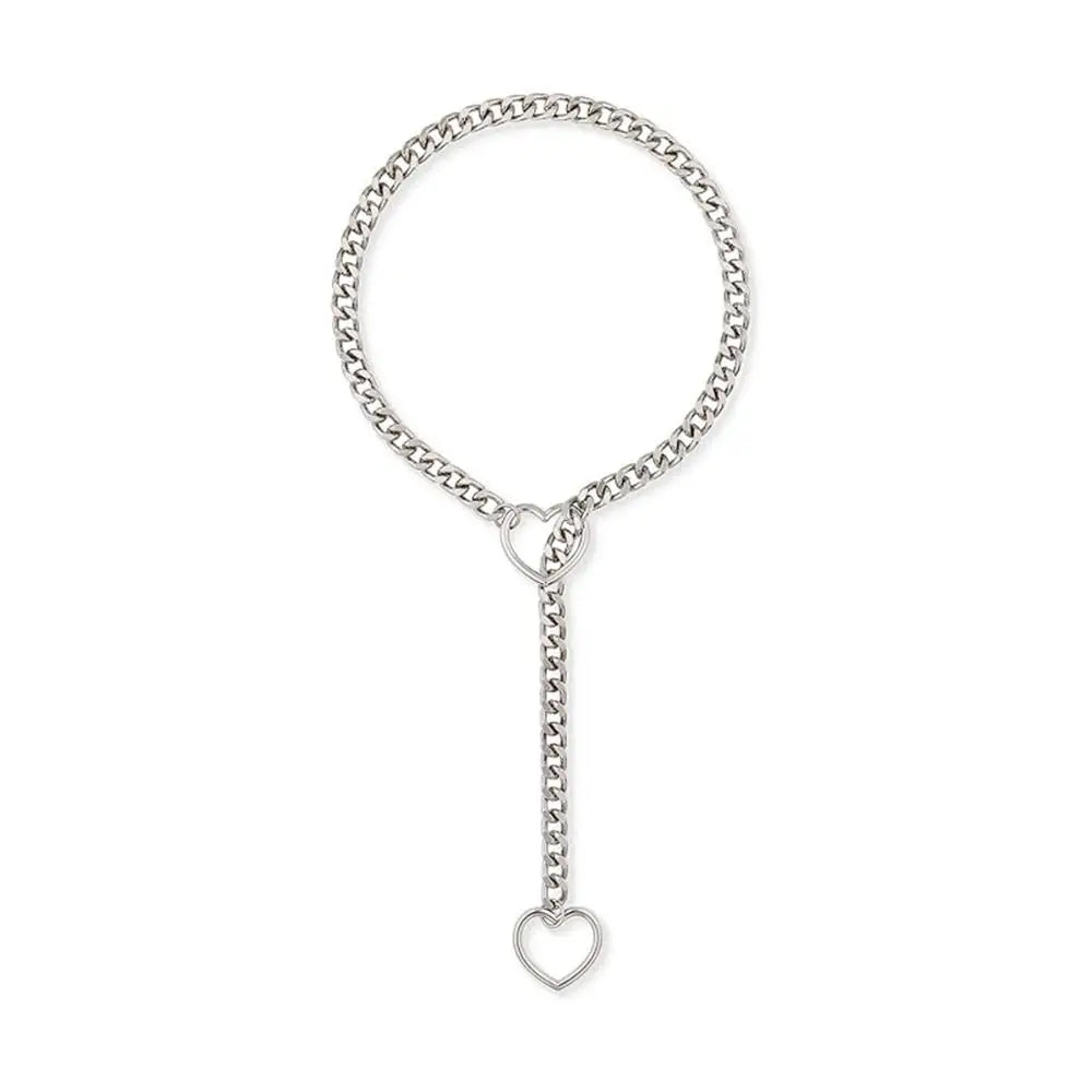 Heavy Lariat Heart Necklace Personality Punk Rock Stainless Steel Slip Chain Ring Slipchain Choker Collar For Women Men - Hea