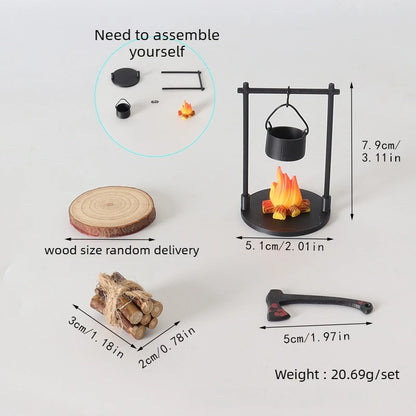 Mini Campfire Hanging Stove Pot Dollhouse Camping Picnic Firewood Pile Sand Table Micro Landscape Scene Decoration Ornament T