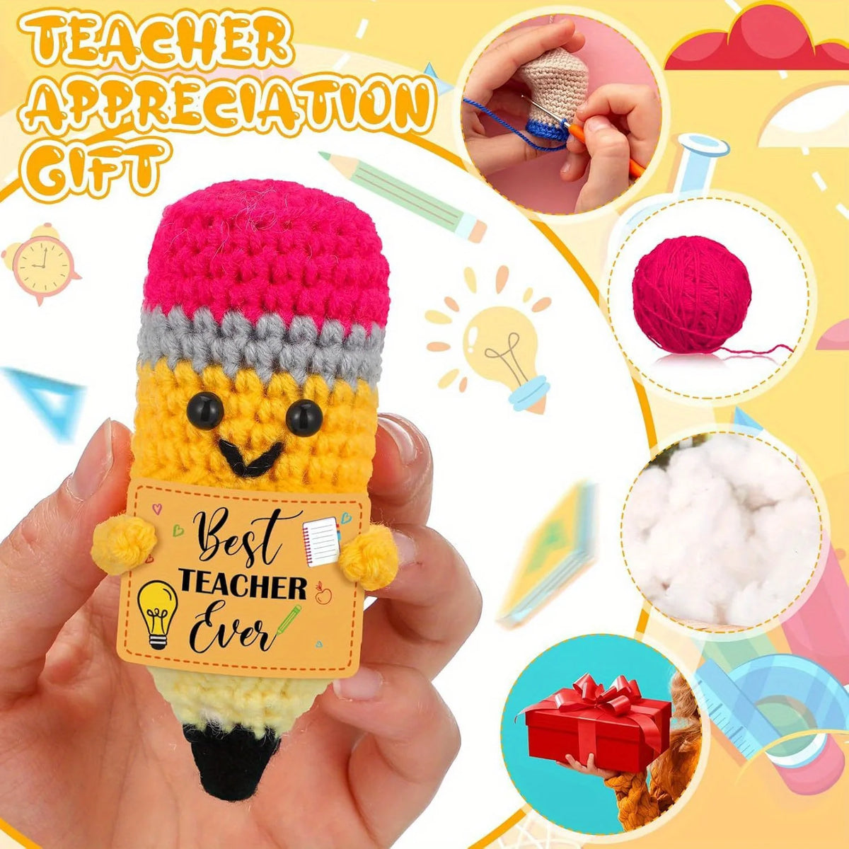 1pc Vibrant Yellow Crochet Pencil Amigurumi with "BEST TEACHER EVER" Gift Tag - Ideal for Teacher Appreciation & DIY Craft De