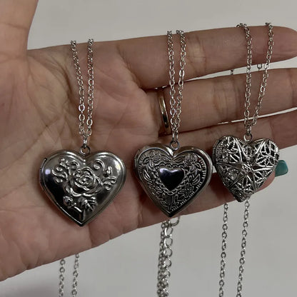 Romantic Heart Locket Pendant Openable Female Silver Color Stainless Steel Photo Frame Charm Necklace for Women Men Jewelry G