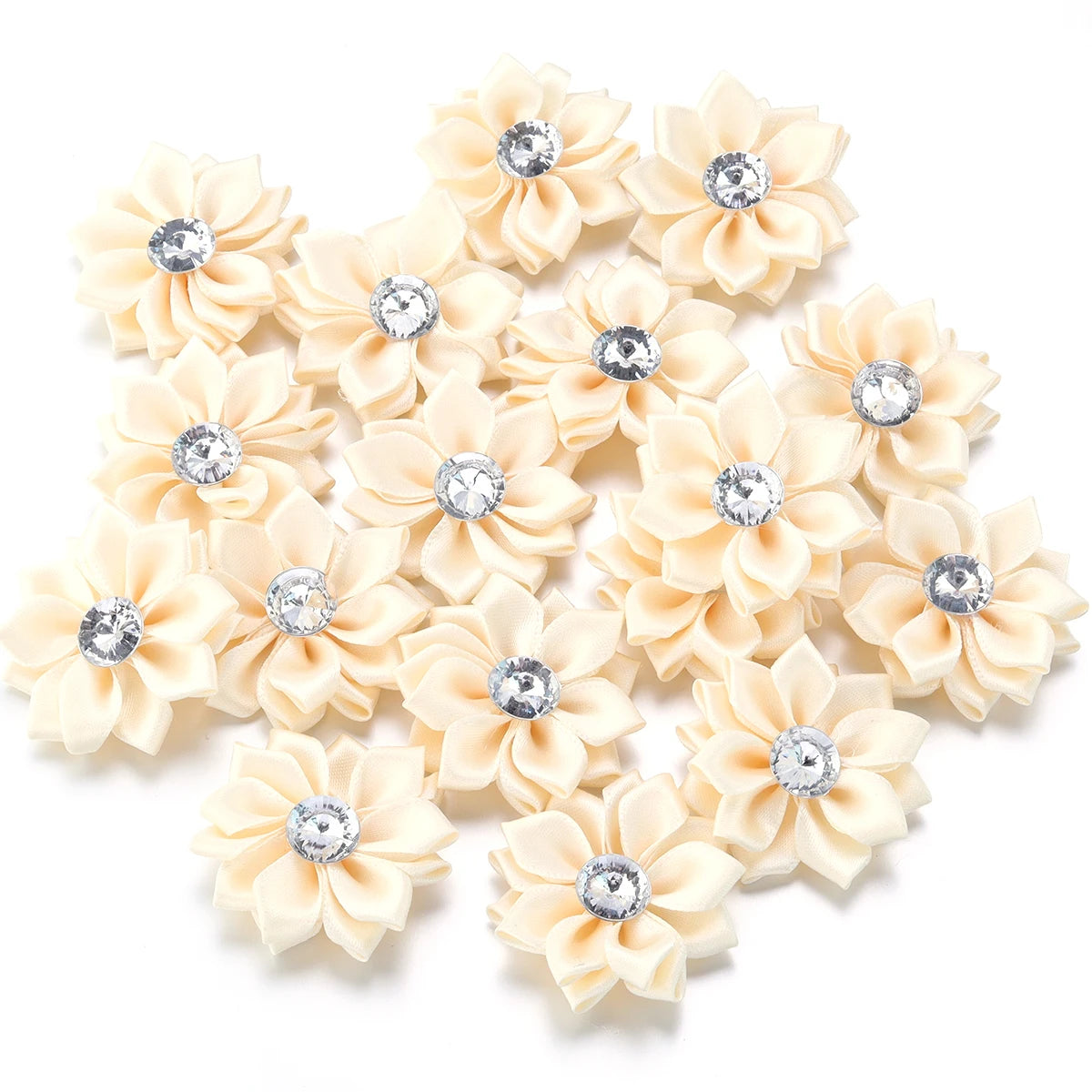 20pcs/lot 40mm Mini Inlaid Rhinestones Small Handmade DIY Satin Ribbon Flowers Head Decorate Clothing Supplies Accessories