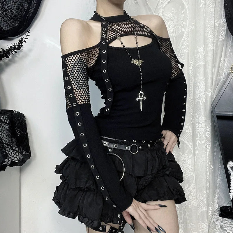 Goth Dark Punk Grunge Fishnet Patchwork Off Shoulder T-shirts Trim Corn Strap Halter Tops Autumn Mall Gothic Streetwear T-shi
