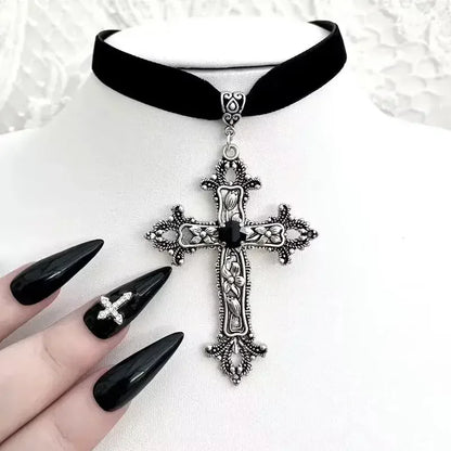 Vintage Antique Silver Color Cross Choker Black Rhinestone Gothic Black Rope Necklace Perfect for Victorian - Themed Gatherin